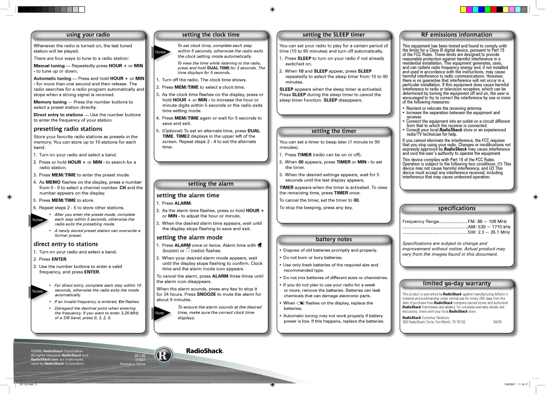 Radio Shack 20-125 Presetting radio stations, Direct entry to stations, Setting the alarm time, Setting the alarm mode 