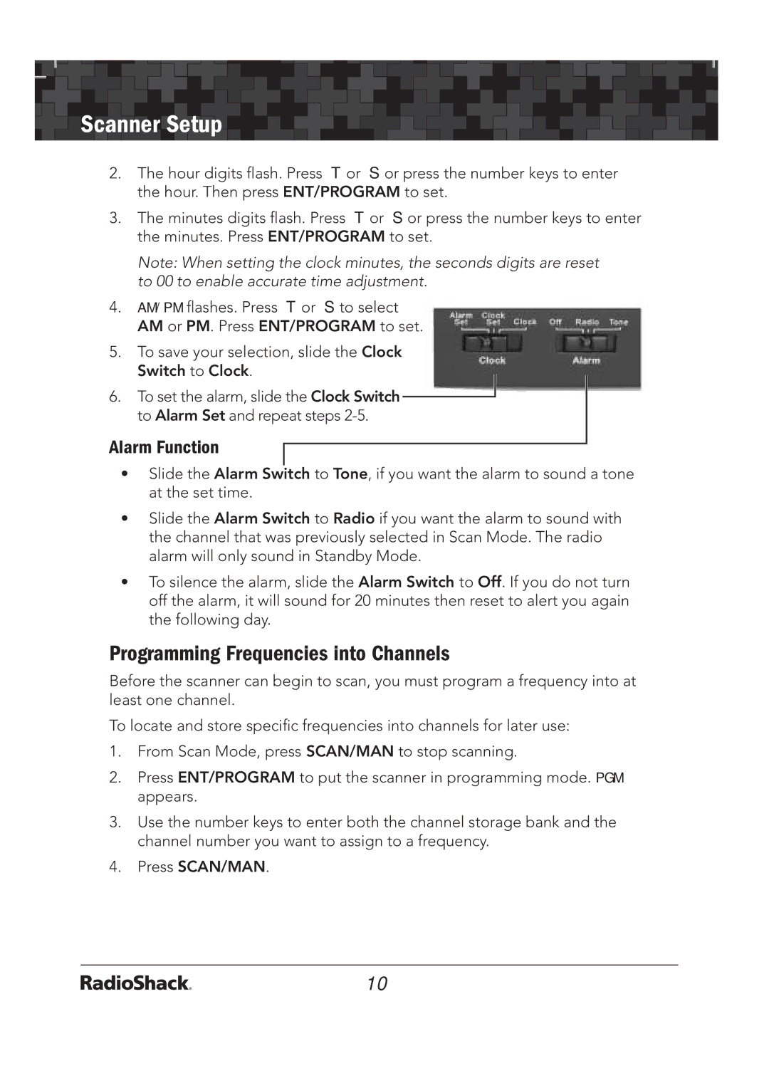 Radio Shack 20-136 PRO-136 quick start Programming Frequencies into Channels, Alarm Function 