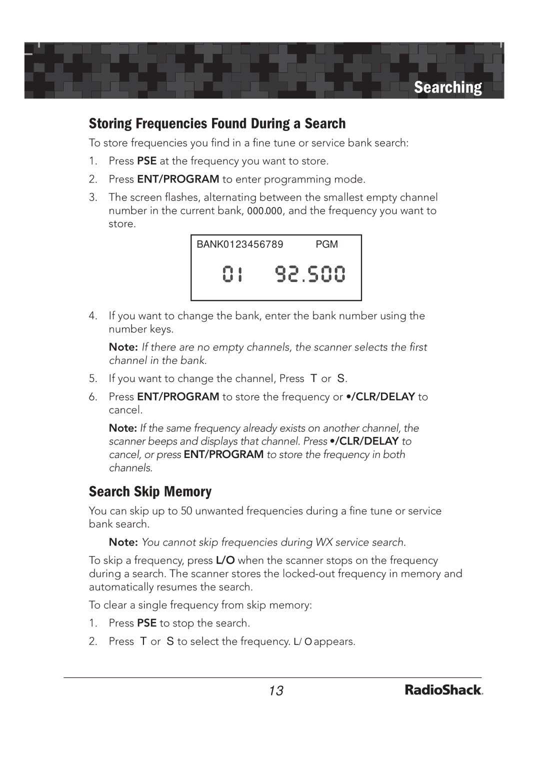 Radio Shack 20-136 PRO-136 quick start Storing Frequencies Found During a Search, Search Skip Memory 