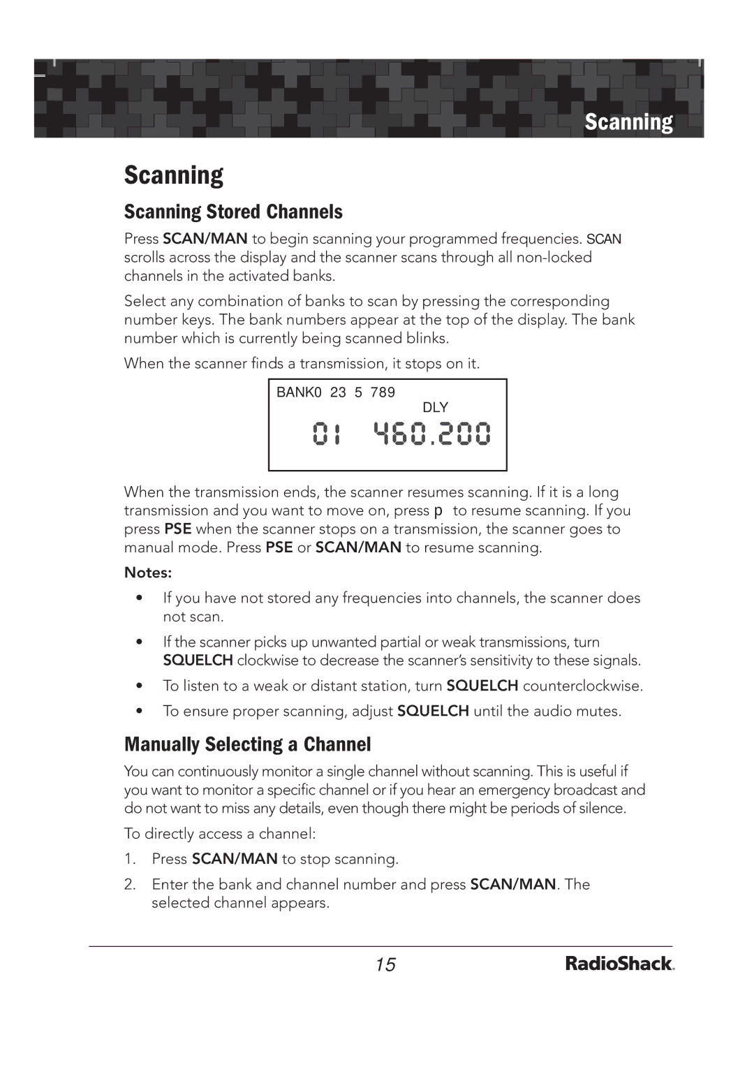 Radio Shack 20-136 PRO-136 quick start Scanning Stored Channels, Manually Selecting a Channel 