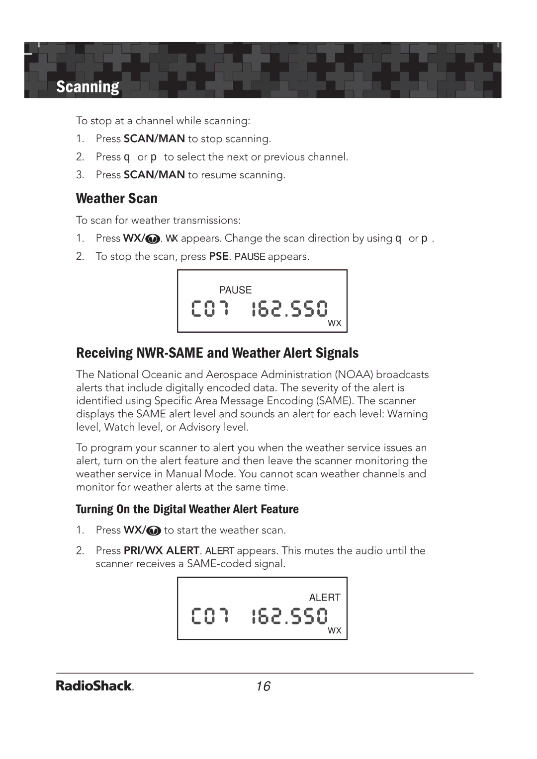 Radio Shack 20-136 PRO-136 quick start Weather Scan, Receiving NWR-SAME and Weather Alert Signals 