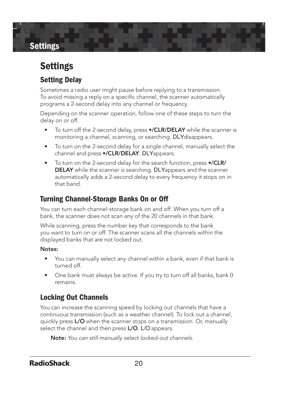 Radio Shack 20-136 PRO-136 Settings, Setting Delay, Turning Channel-Storage Banks On or Off, Locking Out Channels 