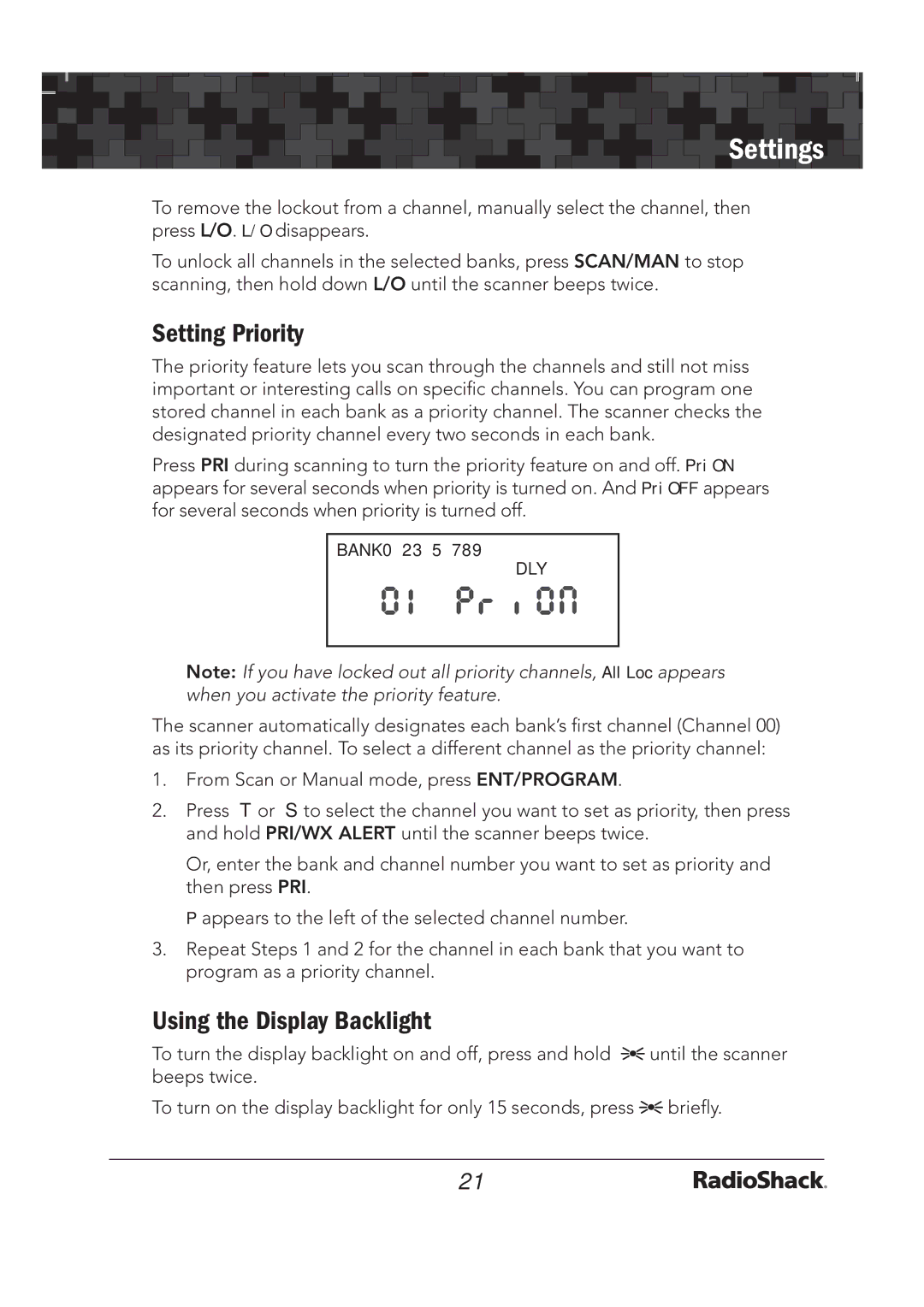 Radio Shack 20-136 PRO-136 quick start Setting Priority, Using the Display Backlight 