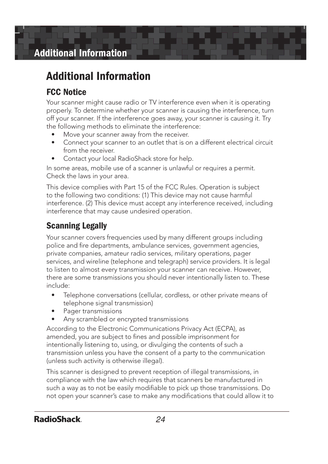 Radio Shack 20-136 PRO-136 quick start Additional Information, FCC Notice, Scanning Legally 