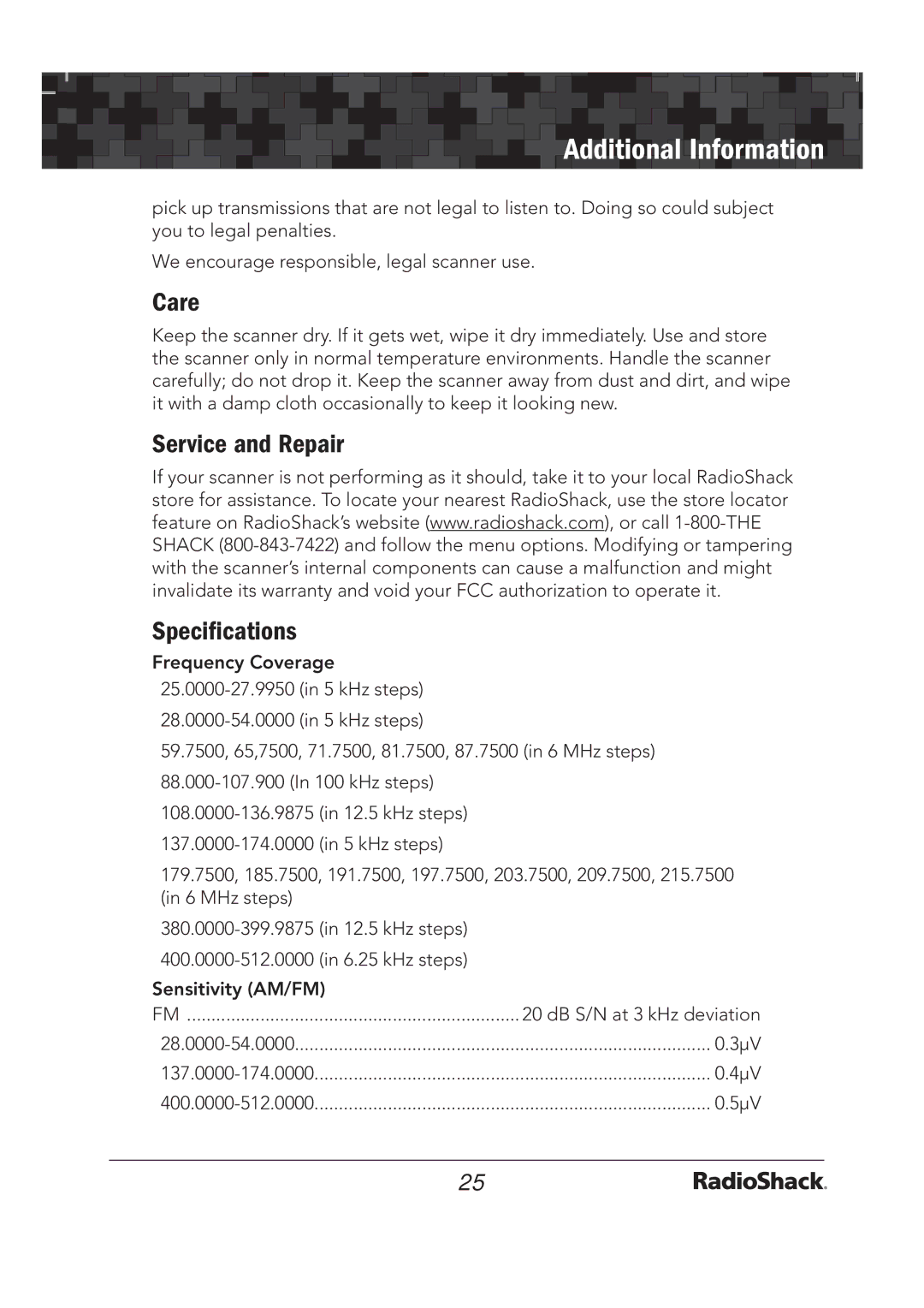 Radio Shack 20-136 PRO-136 quick start Care, Service and Repair Speciﬁcations 