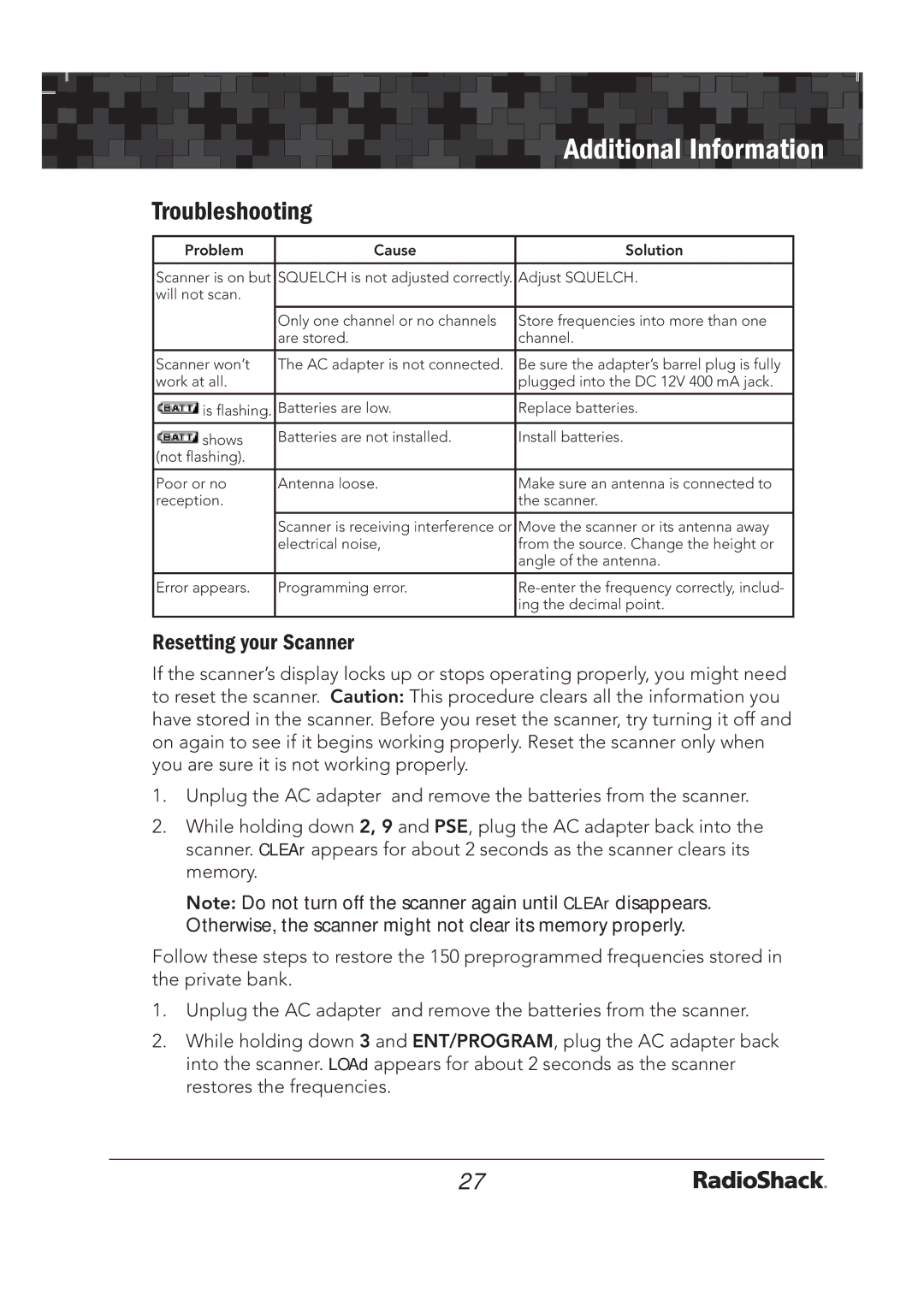 Radio Shack 20-136 PRO-136 quick start Troubleshooting, Resetting your Scanner 