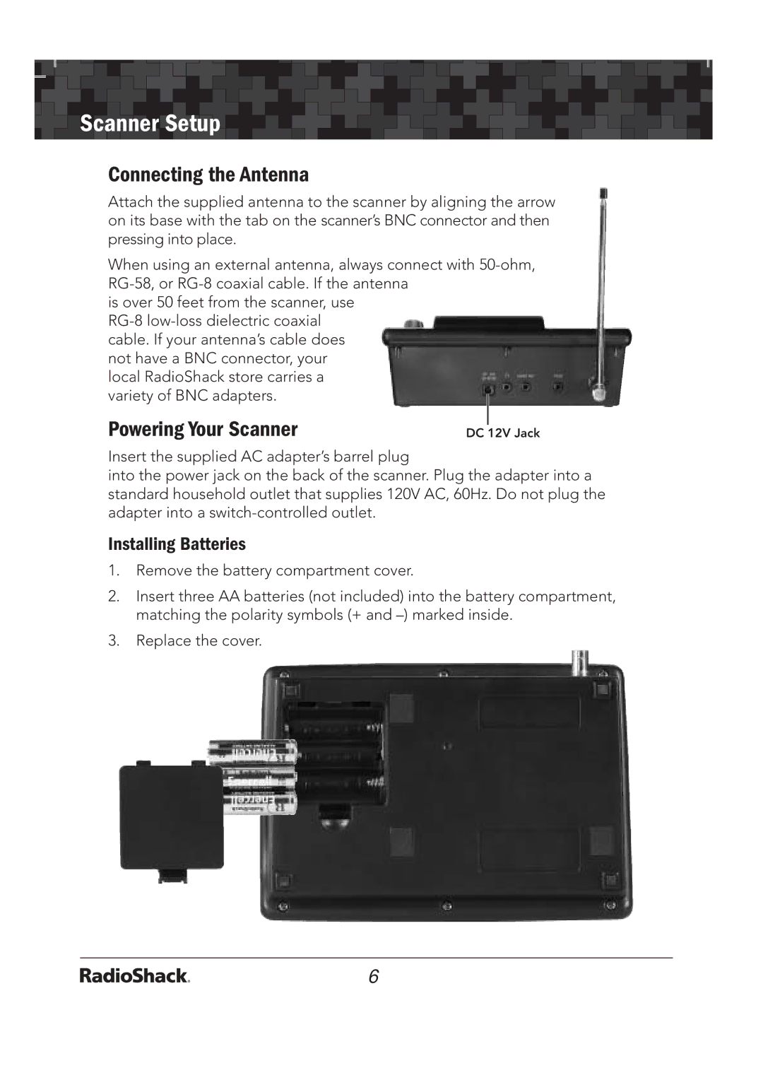 Radio Shack 20-136 PRO-136 quick start Connecting the Antenna, Powering Your Scanner, Installing Batteries 