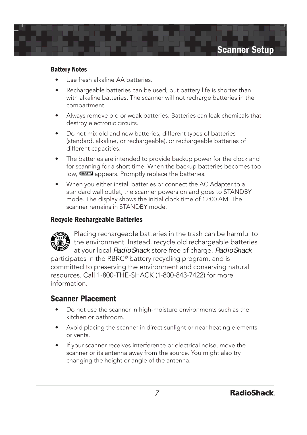 Radio Shack 20-136 PRO-136 quick start Scanner Placement, Recycle Rechargeable Batteries 