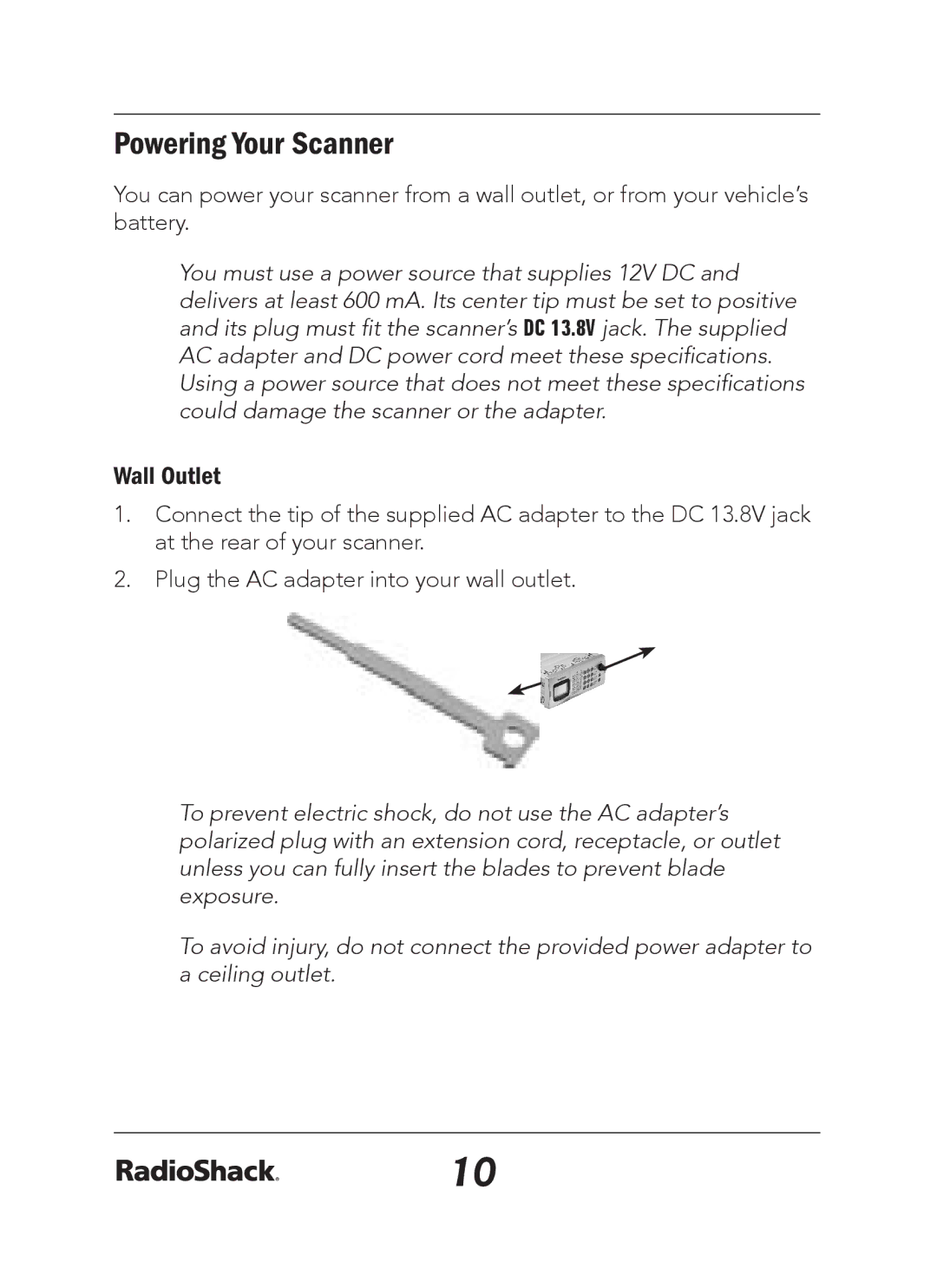 Radio Shack 20-163 manual Powering Your Scanner, Wall Outlet 