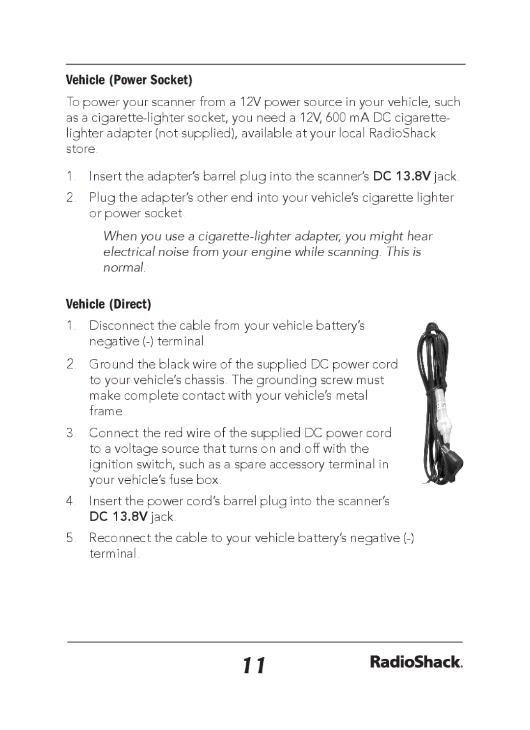 Radio Shack 20-163 manual Vehicle Power Socket, Vehicle Direct 