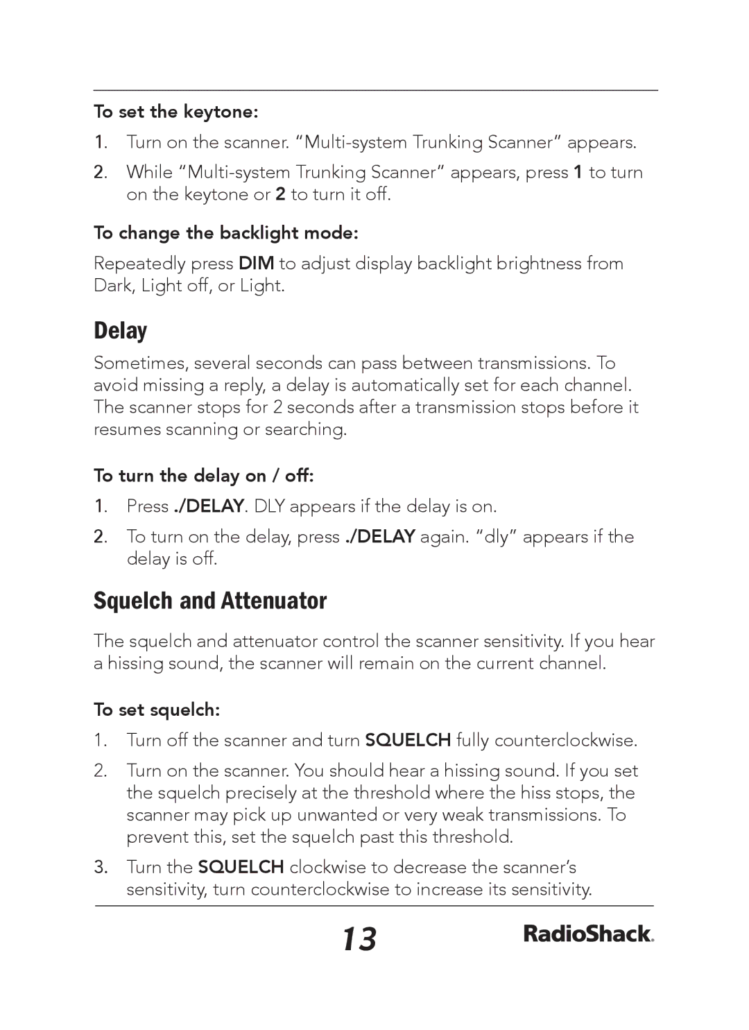 Radio Shack 20-163 manual Delay, Squelch and Attenuator 