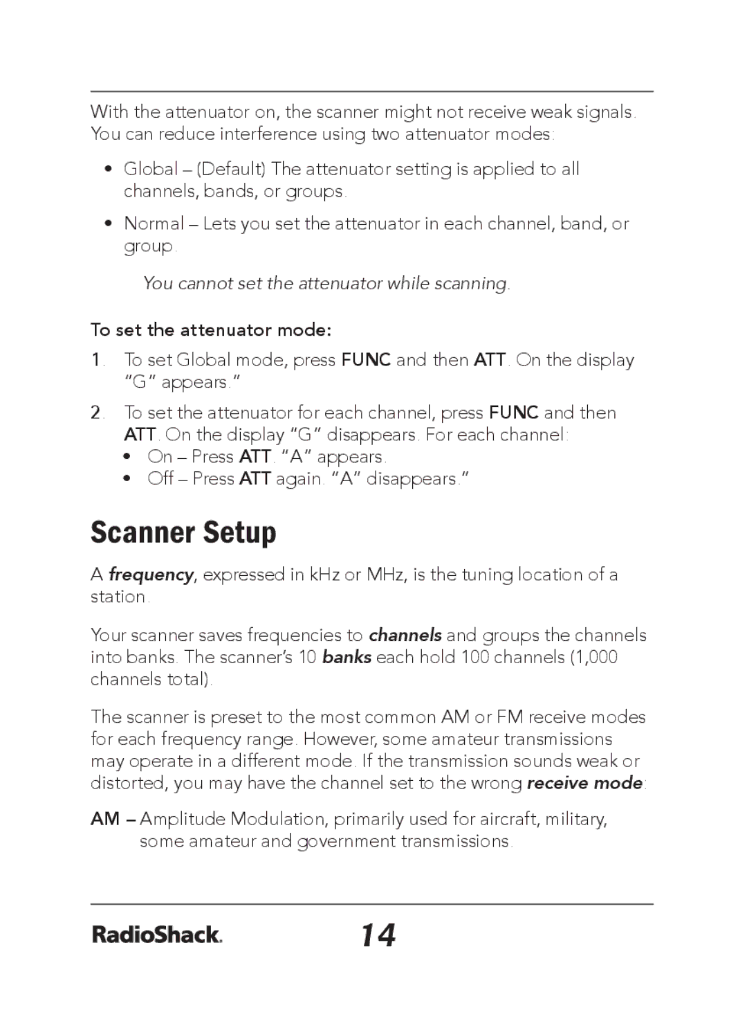 Radio Shack 20-163 manual Scanner Setup, To set the attenuator mode 