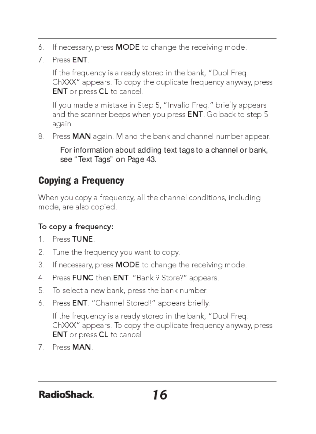 Radio Shack 20-163 manual Copying a Frequency, To copy a frequency 