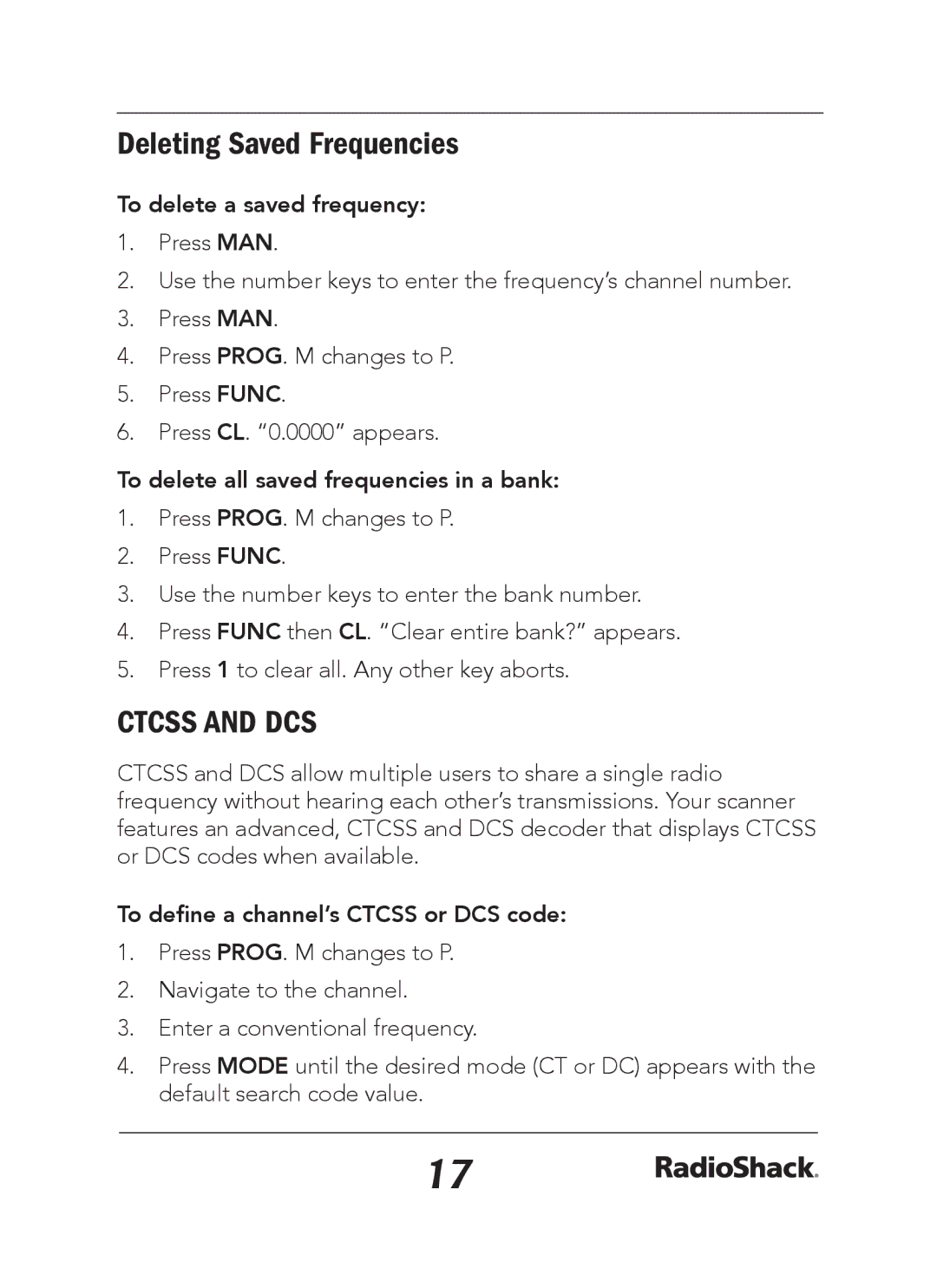 Radio Shack 20-163 Deleting Saved Frequencies, To delete a saved frequency, To delete all saved frequencies in a bank 