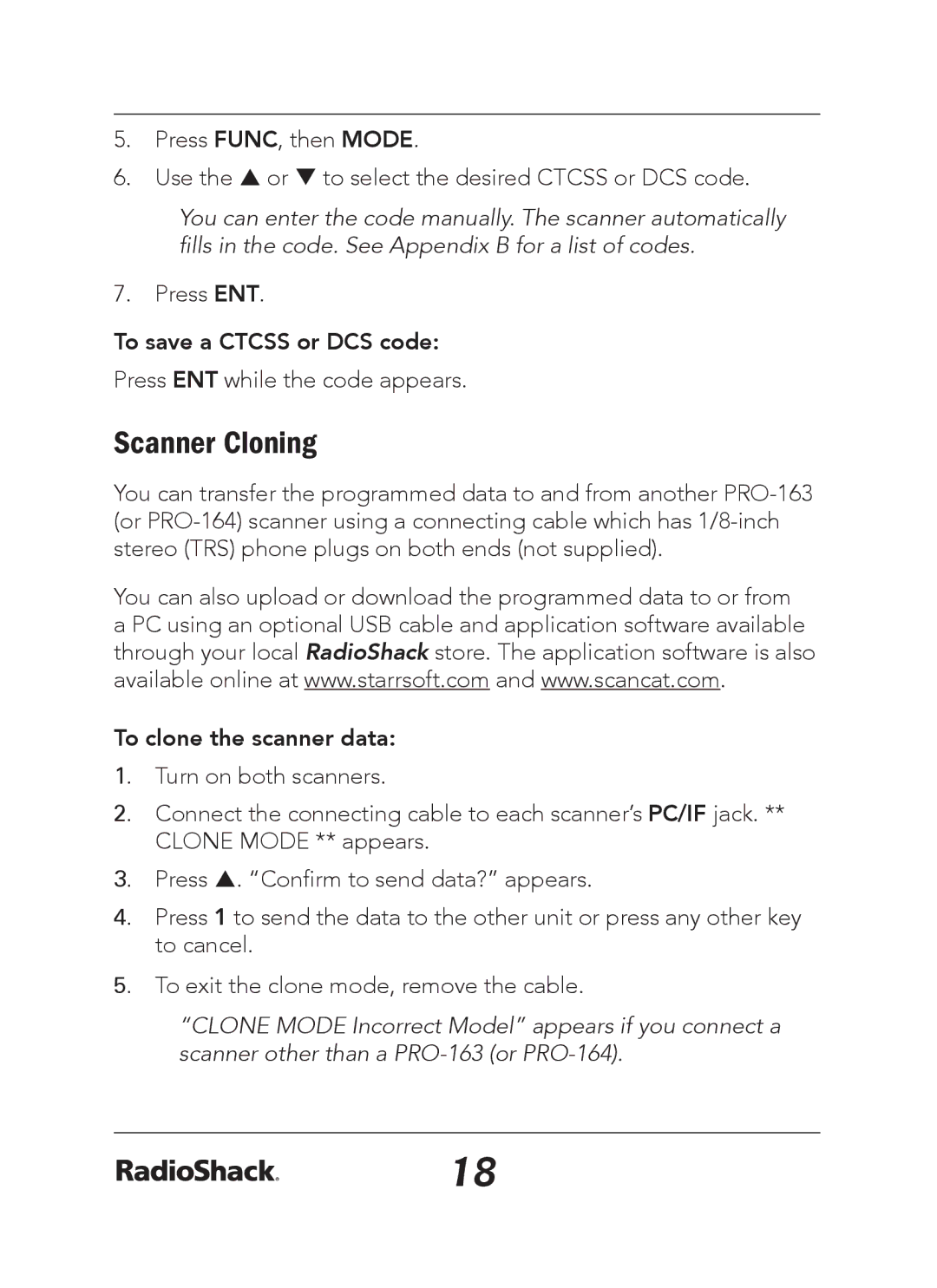 Radio Shack 20-163 manual Scanner Cloning, To save a Ctcss or DCS code, To clone the scanner data 