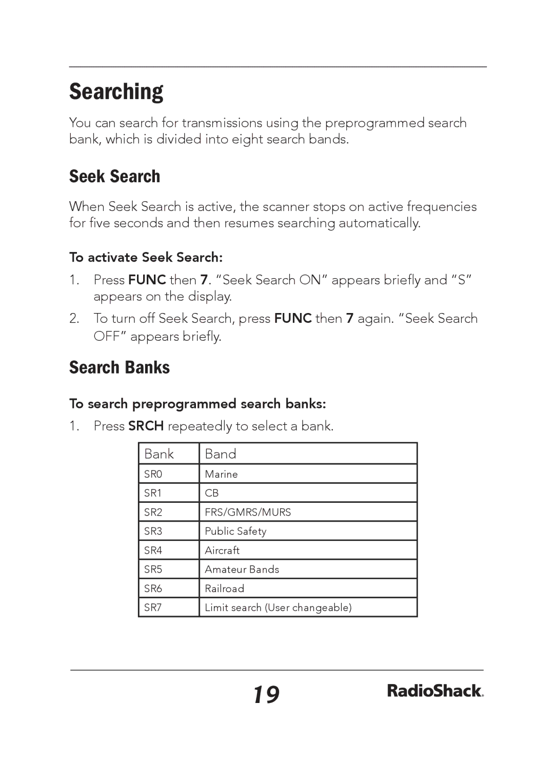 Radio Shack 20-163 manual Searching, Search Banks, To activate Seek Search, To search preprogrammed search banks 