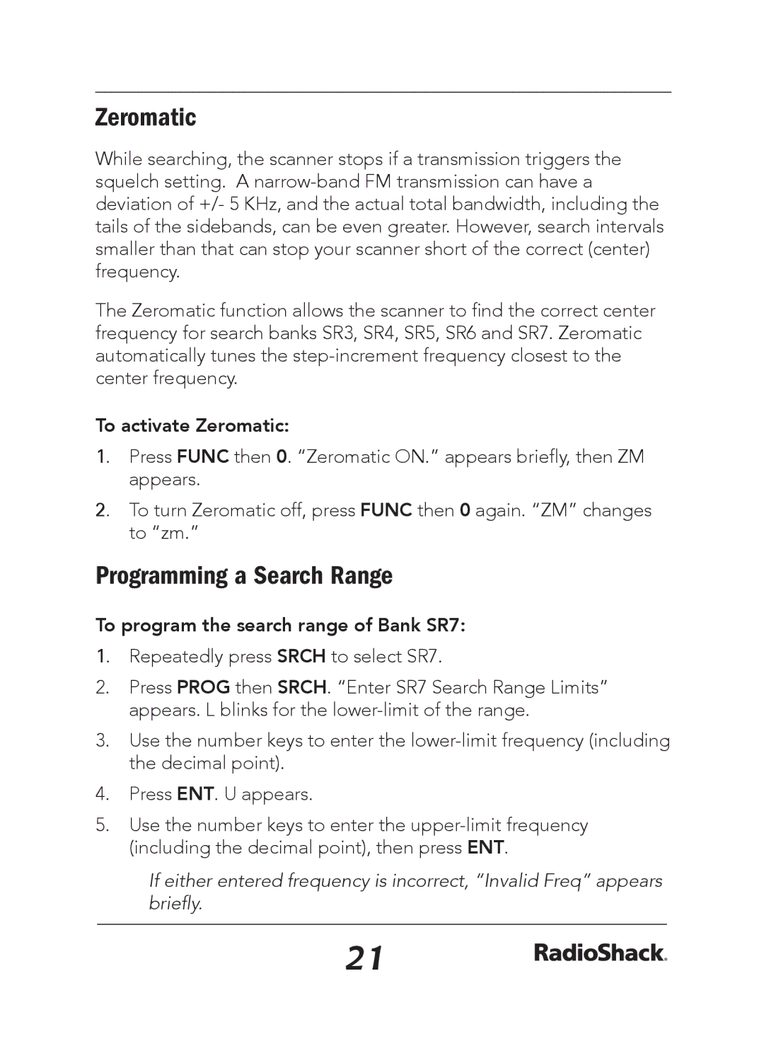 Radio Shack 20-163 manual Programming a Search Range, To activate Zeromatic, To program the search range of Bank SR7 