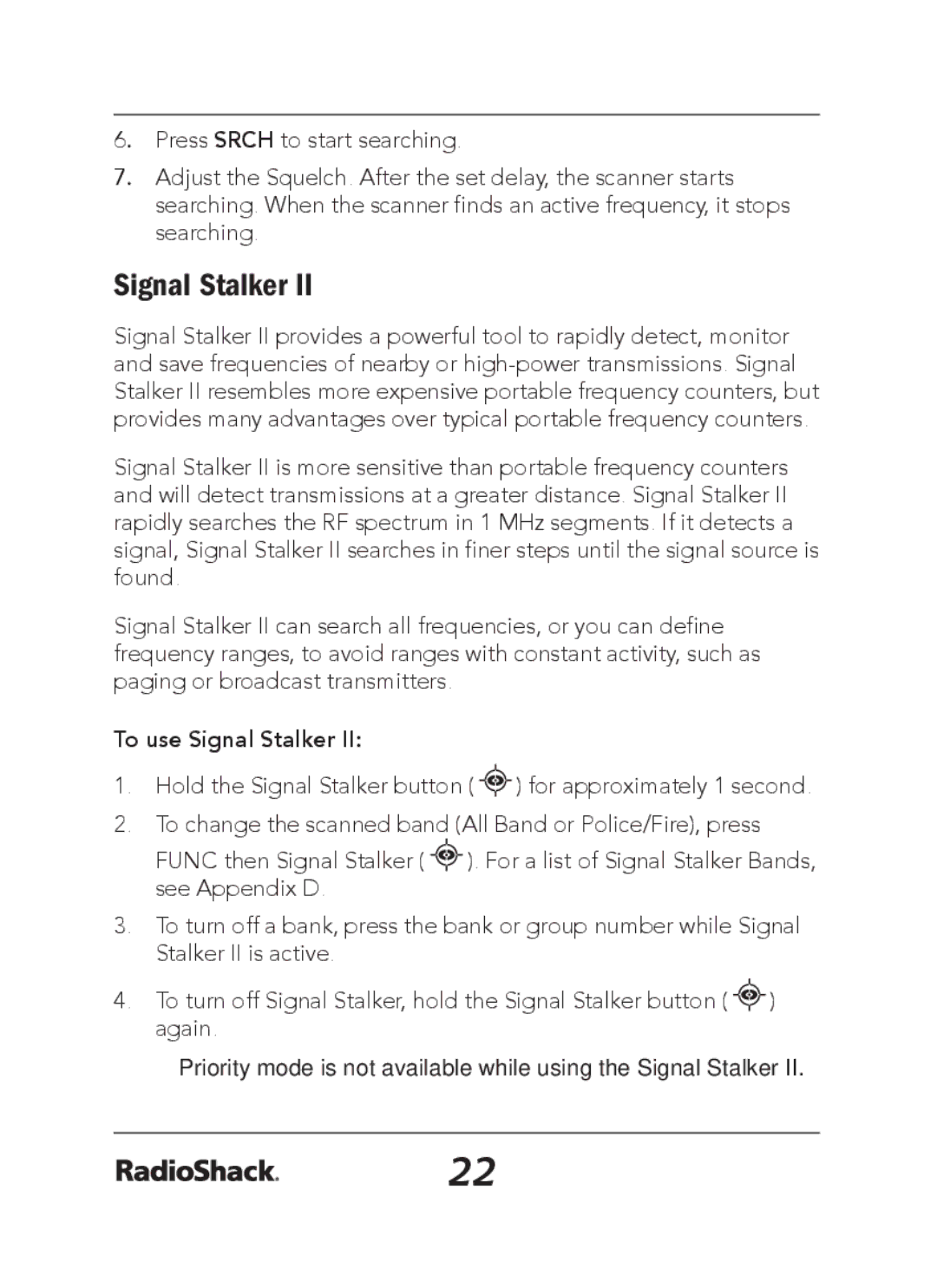 Radio Shack 20-163 manual To use Signal Stalker 