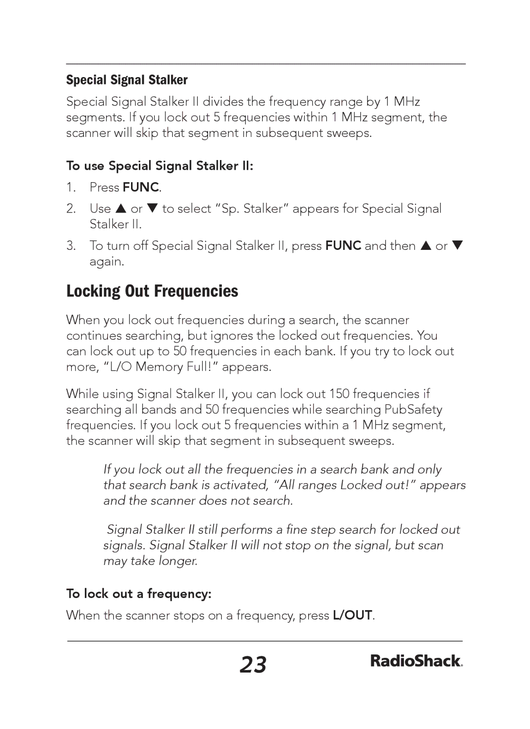 Radio Shack 20-163 manual Locking Out Frequencies, To use Special Signal Stalker, To lock out a frequency 