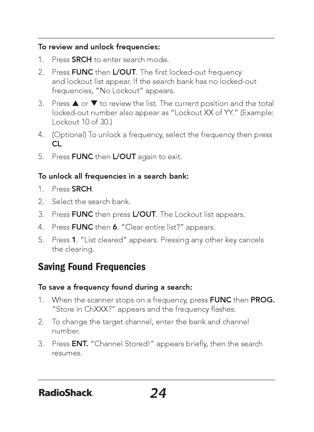 Radio Shack 20-163 Saving Found Frequencies, To review and unlock frequencies, To unlock all frequencies in a search bank 