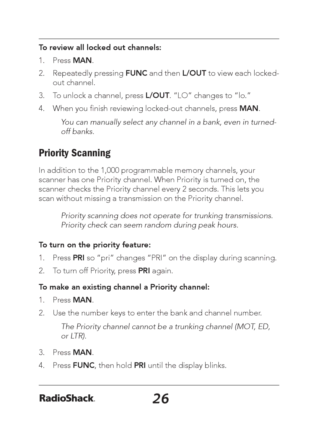 Radio Shack 20-163 manual Priority Scanning, To review all locked out channels, To turn on the priority feature 