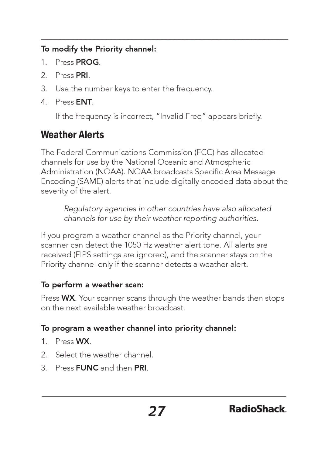 Radio Shack 20-163 manual Weather Alerts, To modify the Priority channel, To perform a weather scan 