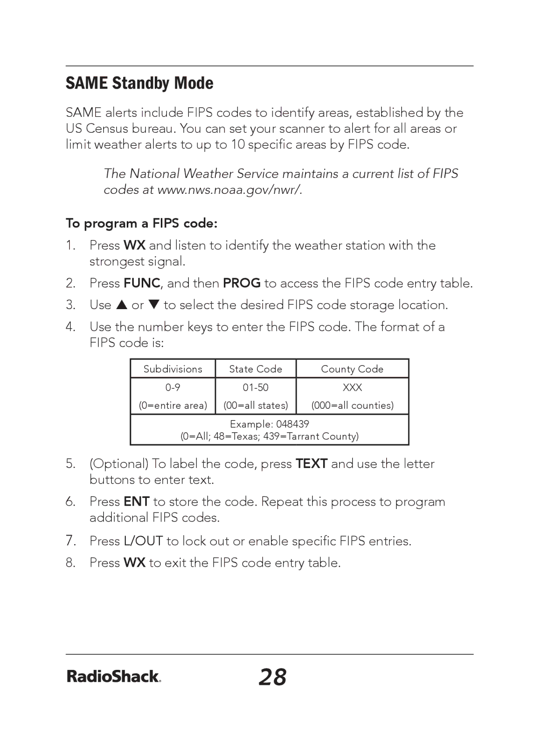 Radio Shack 20-163 manual Same Standby Mode, To program a Fips code 