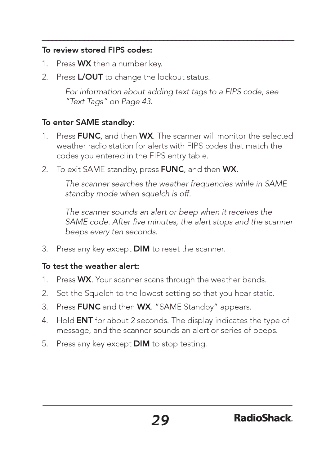 Radio Shack 20-163 manual To review stored Fips codes, To enter Same standby, To test the weather alert 