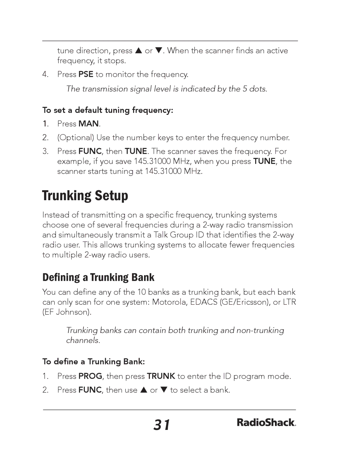 Radio Shack 20-163 Trunking Setup, Defining a Trunking Bank, To set a default tuning frequency, To define a Trunking Bank 