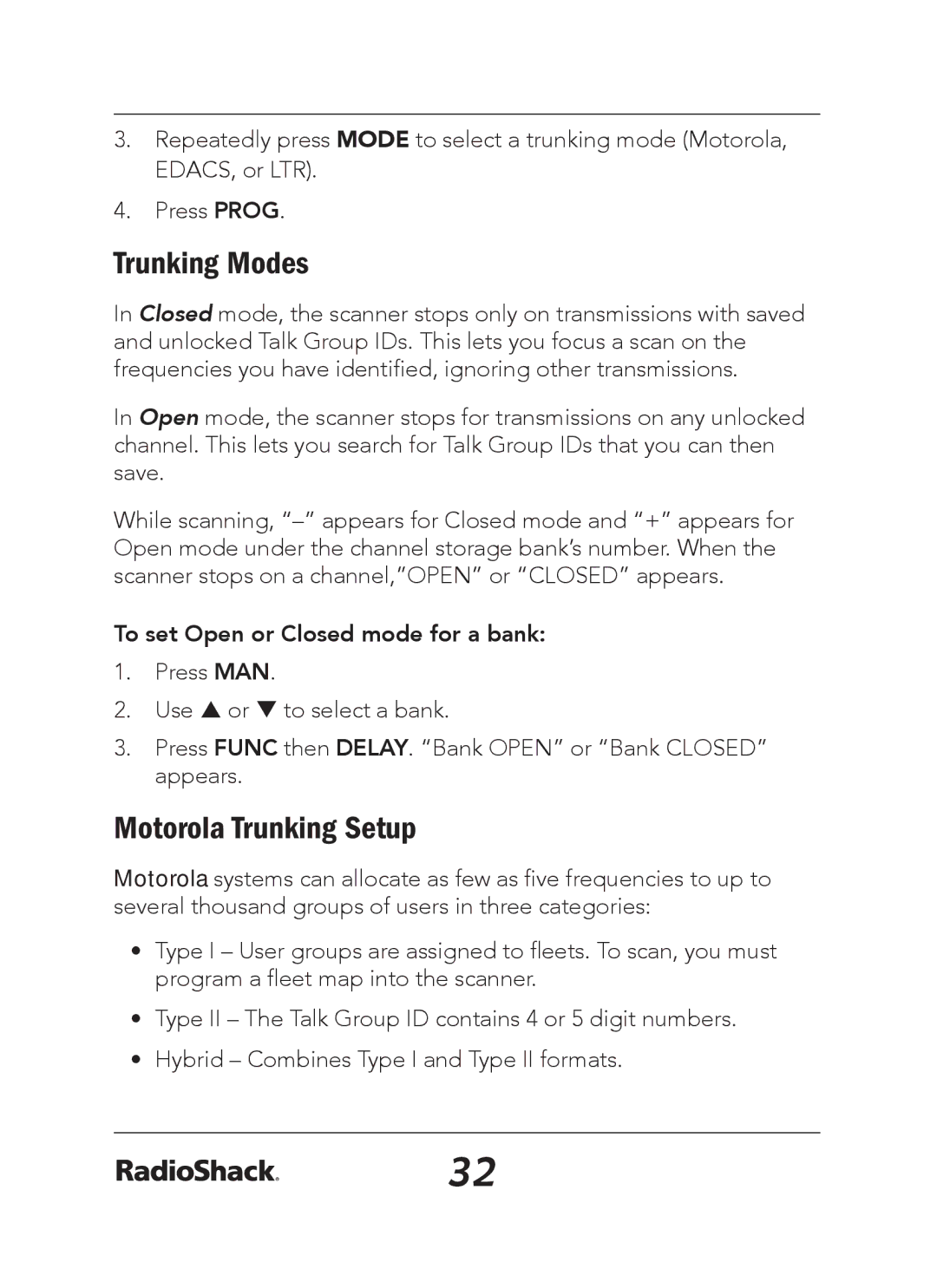 Radio Shack 20-163 manual Trunking Modes, Motorola Trunking Setup, To set Open or Closed mode for a bank 