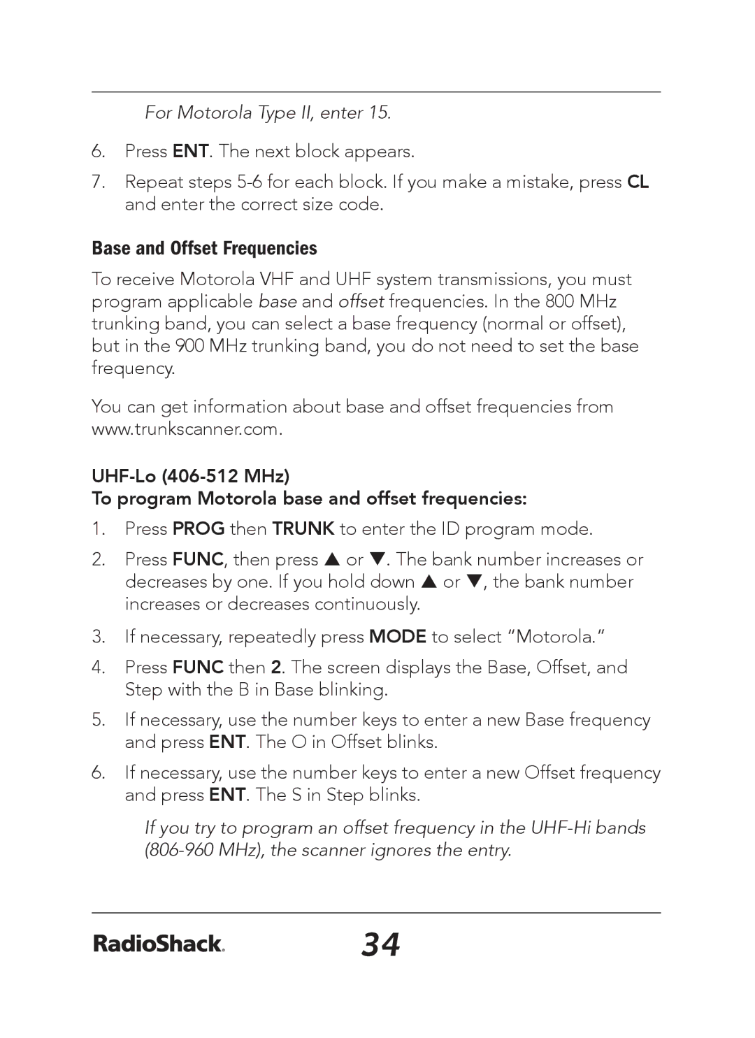 Radio Shack 20-163 manual Base and Offset Frequencies, For Motorola Type II, enter 