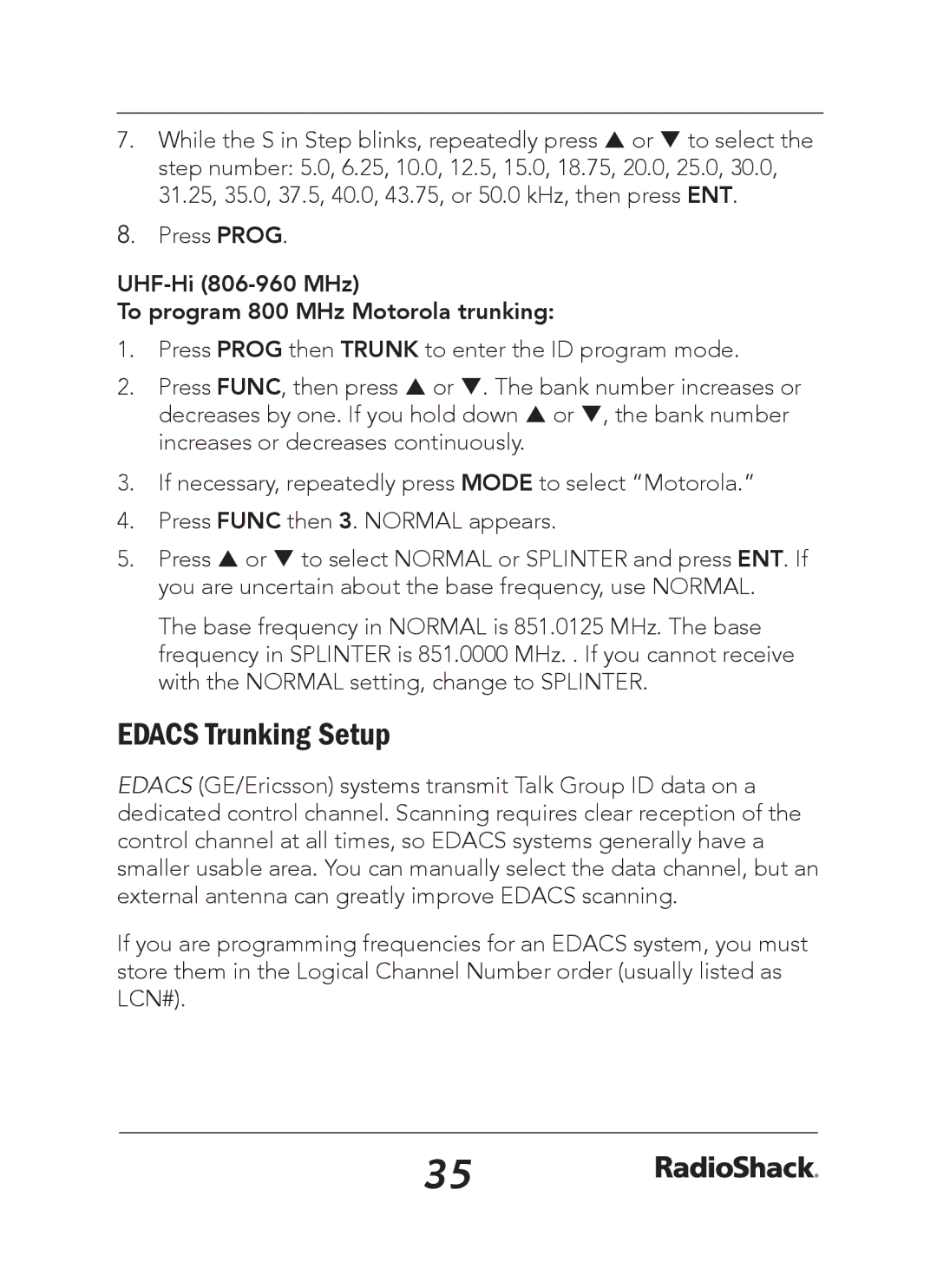 Radio Shack 20-163 manual Edacs Trunking Setup, UHF-Hi 806-960 MHz To program 800 MHz Motorola trunking 