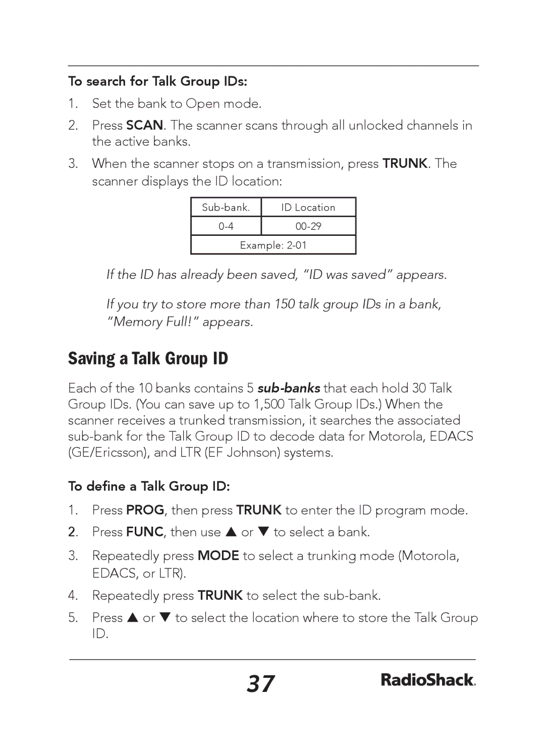 Radio Shack 20-163 manual Saving a Talk Group ID, To search for Talk Group IDs, To define a Talk Group ID 