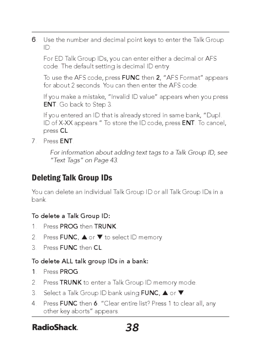 Radio Shack 20-163 manual Deleting Talk Group IDs, To delete a Talk Group ID 