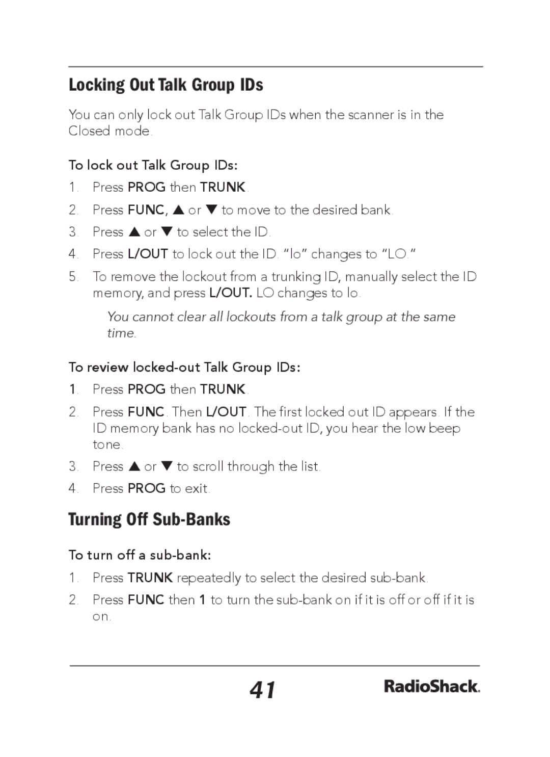 Radio Shack 20-163 Locking Out Talk Group IDs, Turning Off Sub-Banks, To lock out Talk Group IDs, To turn off a sub-bank 