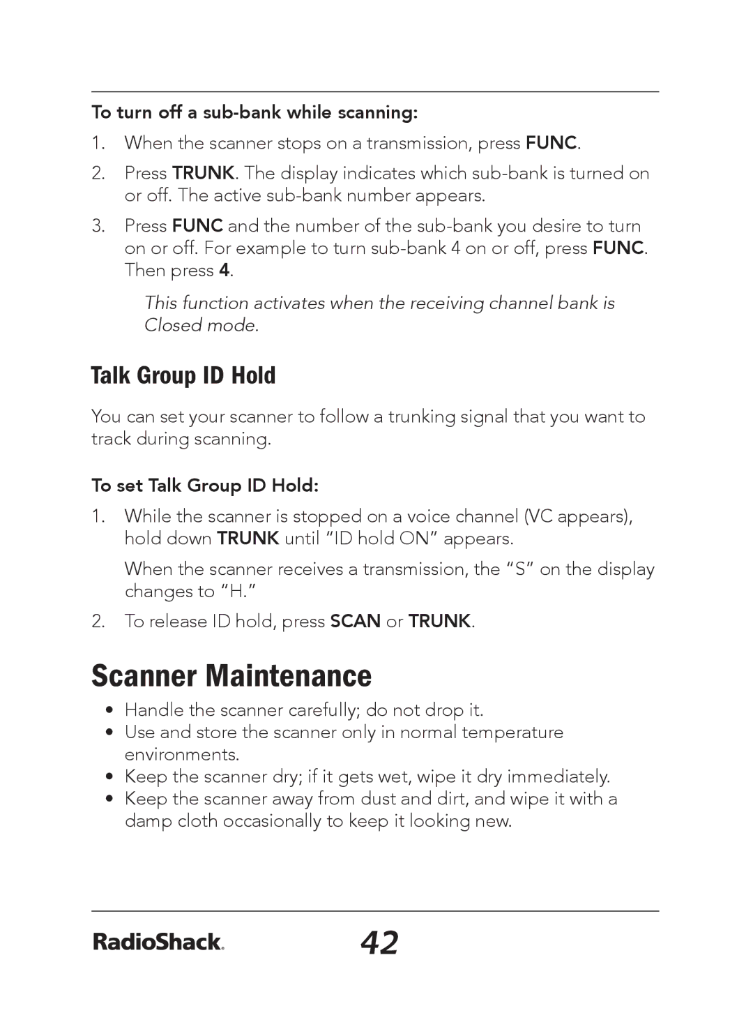Radio Shack 20-163 manual Scanner Maintenance, Talk Group ID Hold, To turn off a sub-bank while scanning 