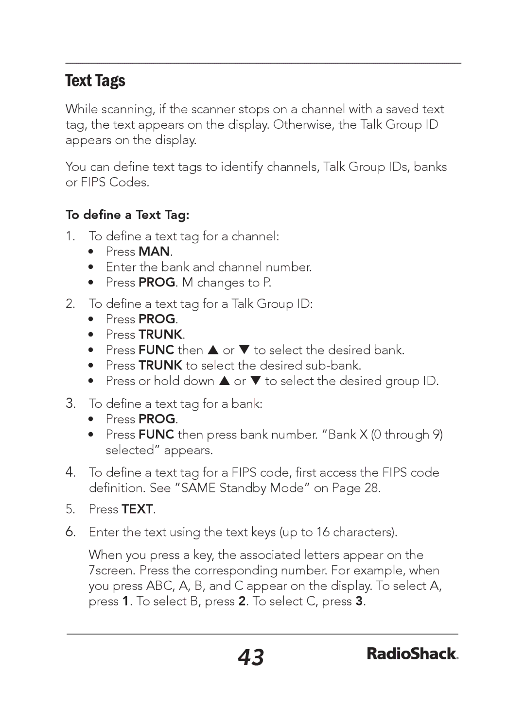 Radio Shack 20-163 manual Text Tags, To define a Text Tag 