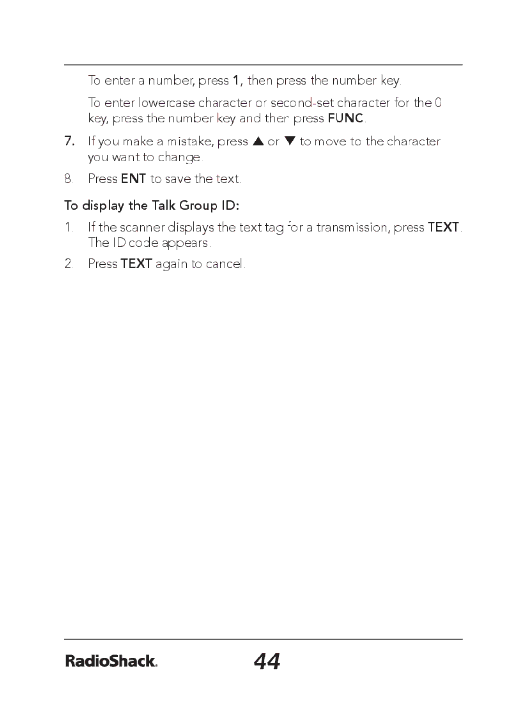 Radio Shack 20-163 manual To display the Talk Group ID 