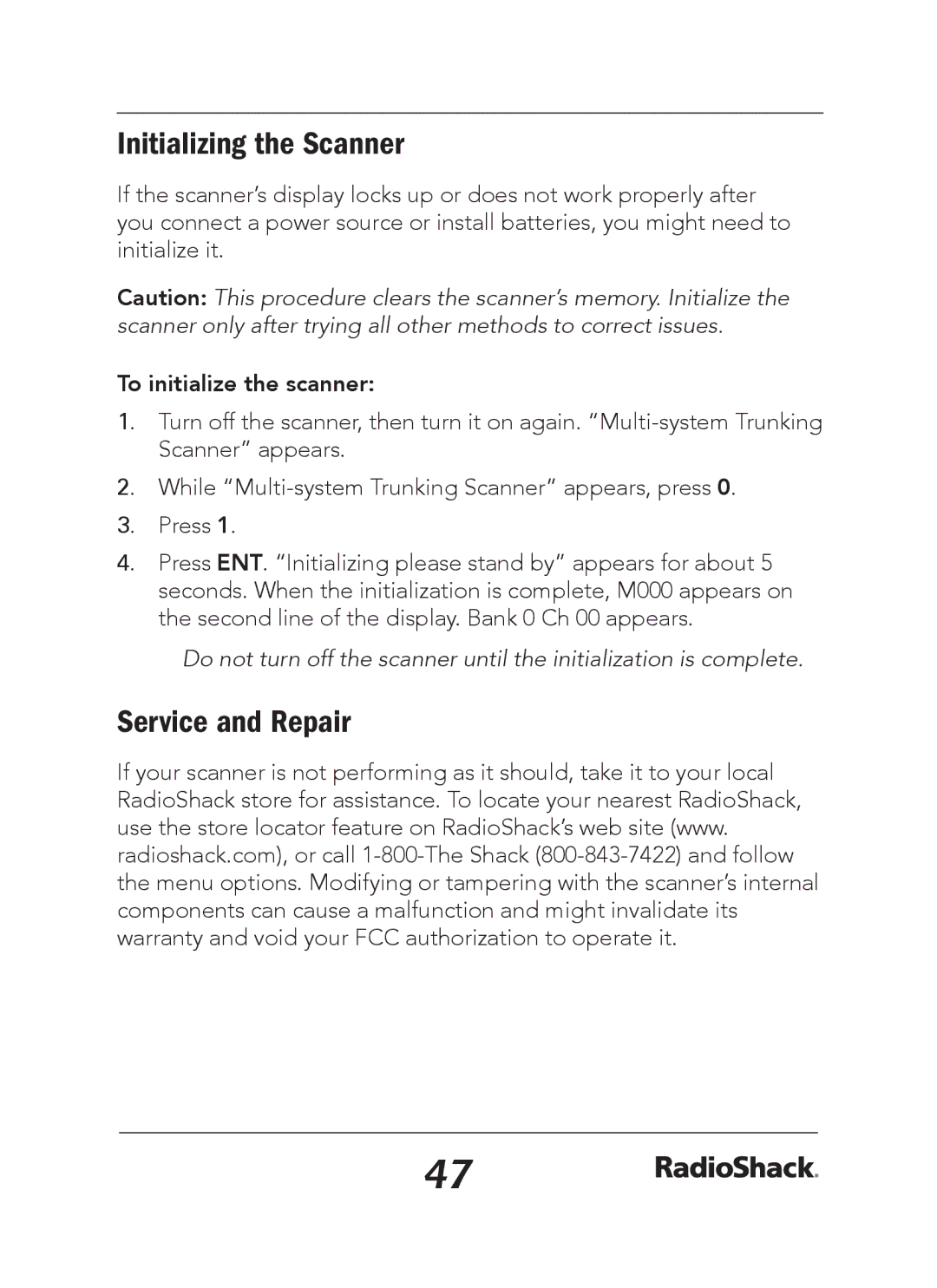 Radio Shack 20-163 manual Initializing the Scanner, Service and Repair, To initialize the scanner 