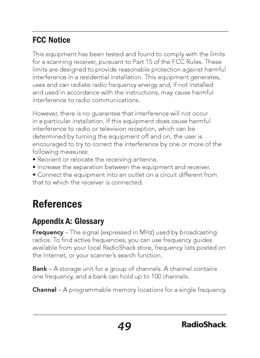 Radio Shack 20-163 manual References, FCC Notice, Appendix a Glossary 