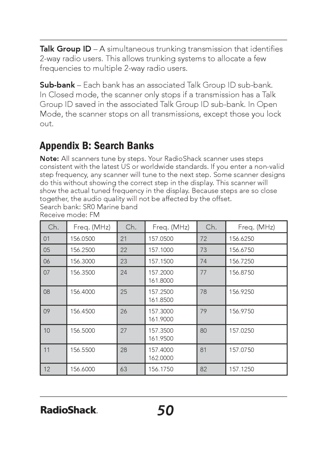 Radio Shack 20-163 manual Appendix B Search Banks, Search bank SR0 Marine band Receive mode FM Freq. MHz 