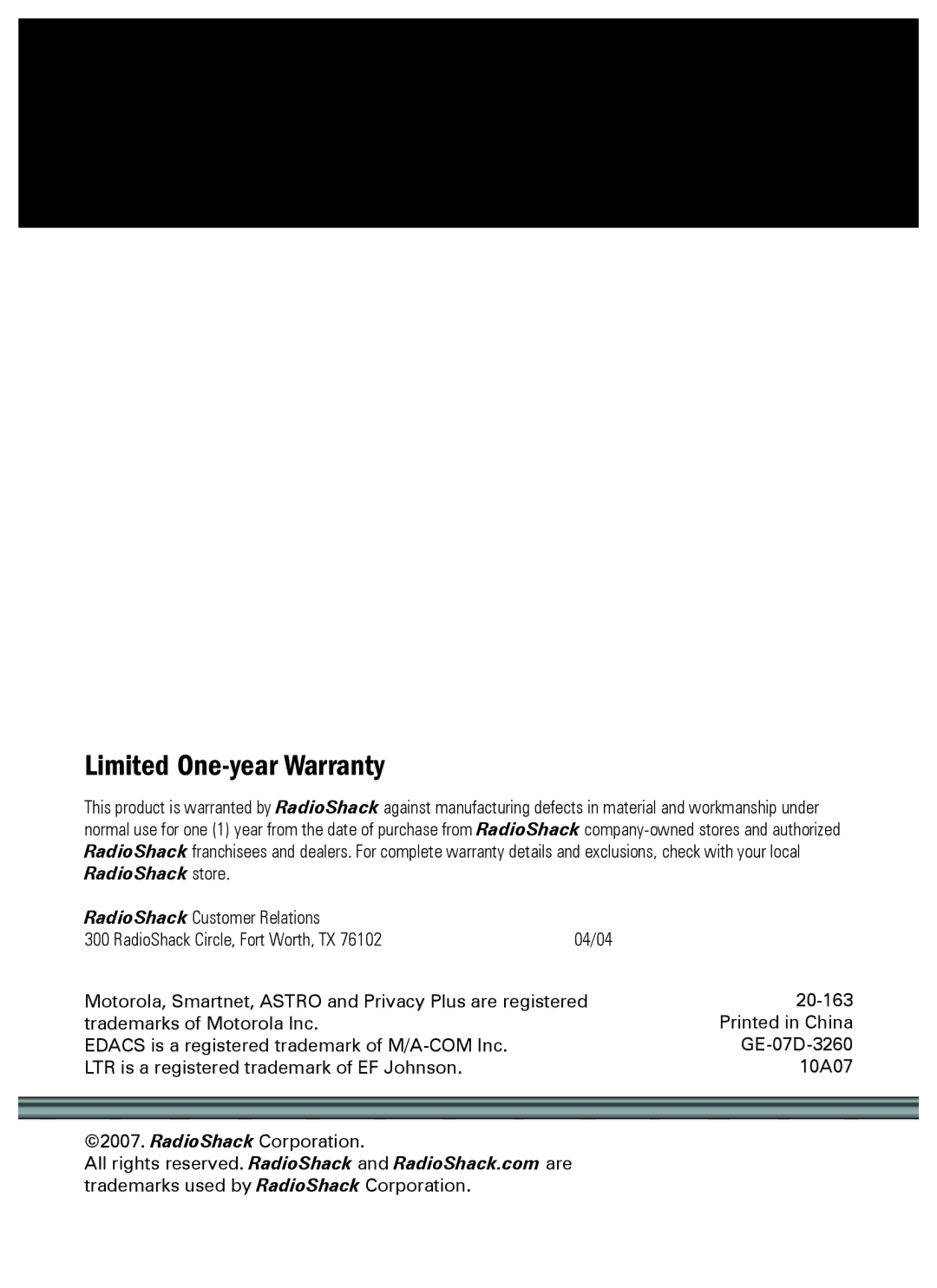 Radio Shack 20-163 manual Limited One-year Warranty 