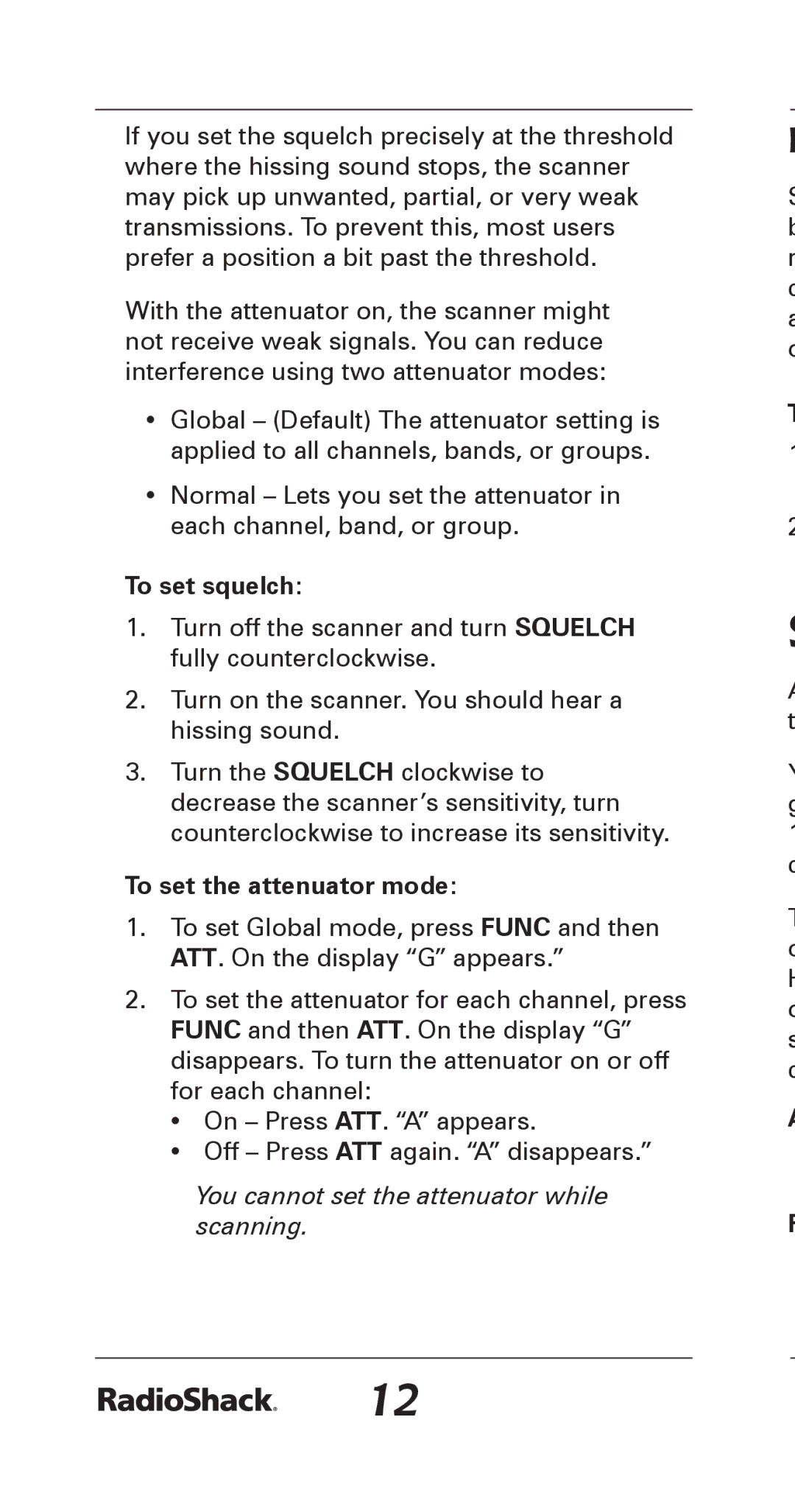 Radio Shack 20-164 manual To set squelch, To set the attenuator mode 