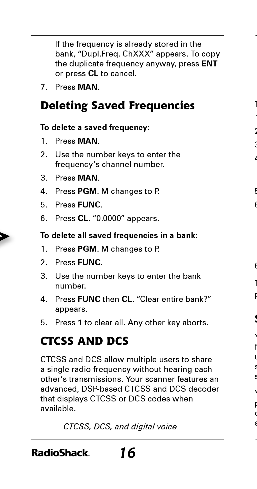 Radio Shack 20-164 Deleting Saved Frequencies, To delete a saved frequency, To delete all saved frequencies in a bank 