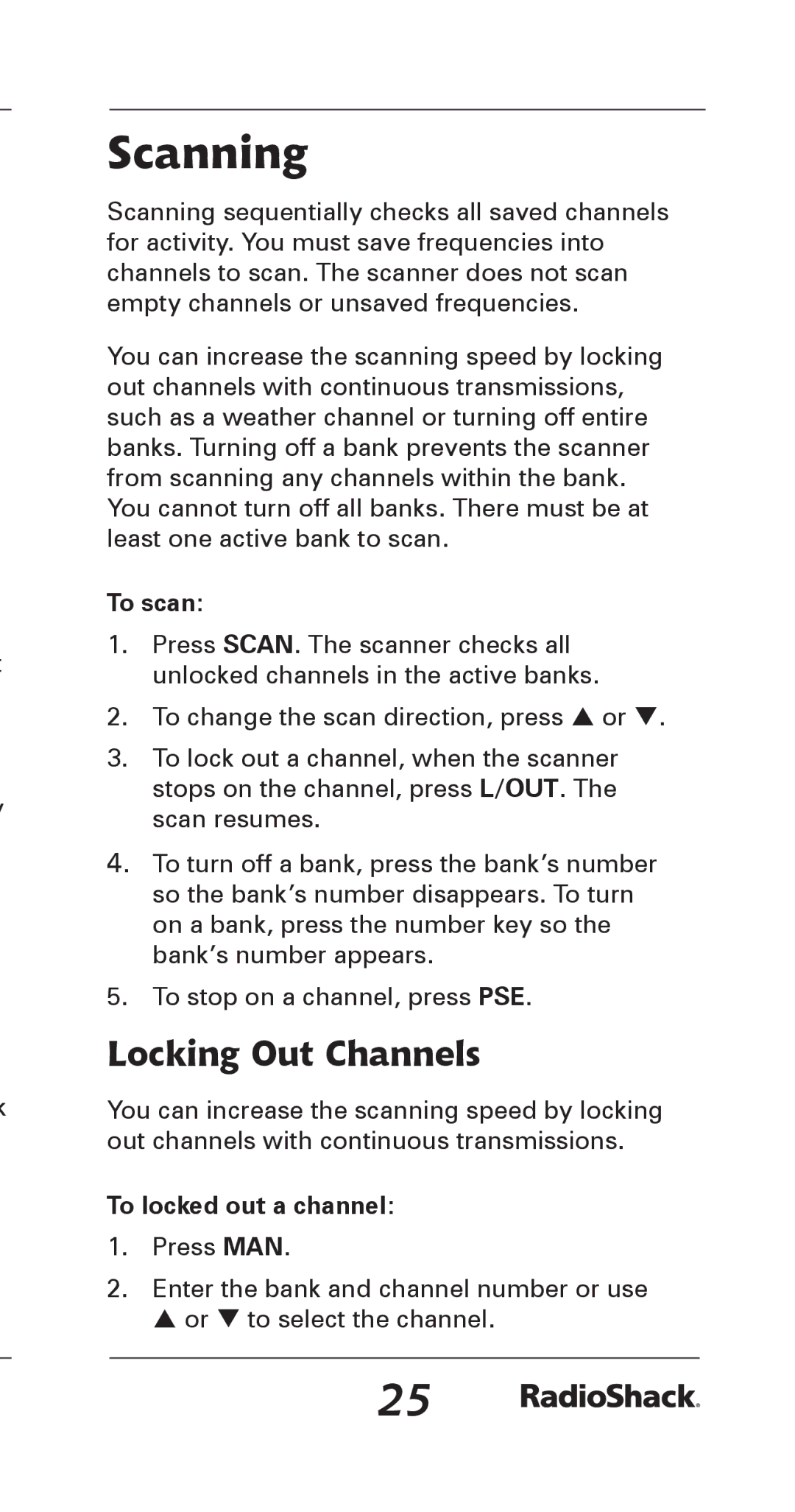 Radio Shack 20-164 manual Scanning, Locking Out Channels, To scan, To locked out a channel 