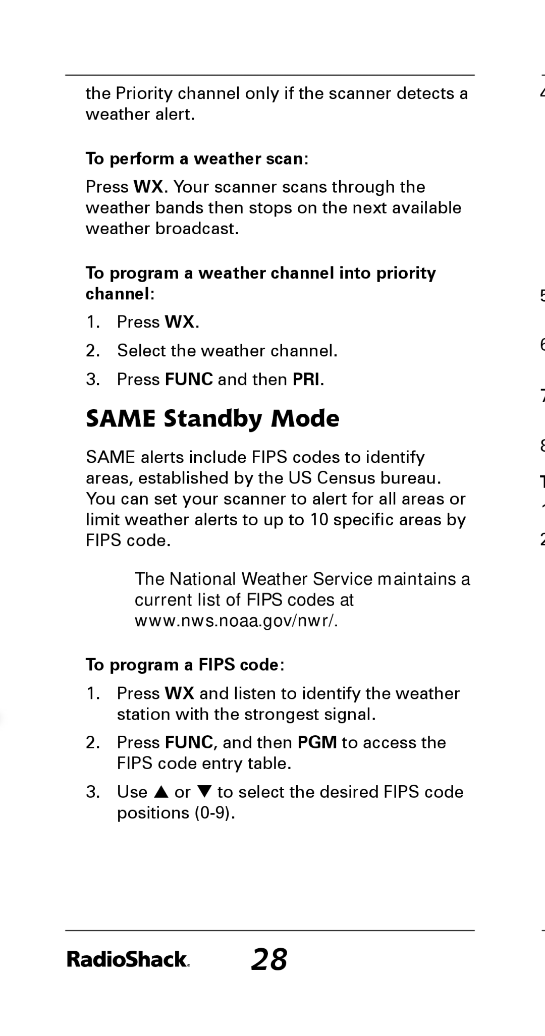 Radio Shack 20-164 manual Same Standby Mode, To perform a weather scan, To program a weather channel into priority channel 