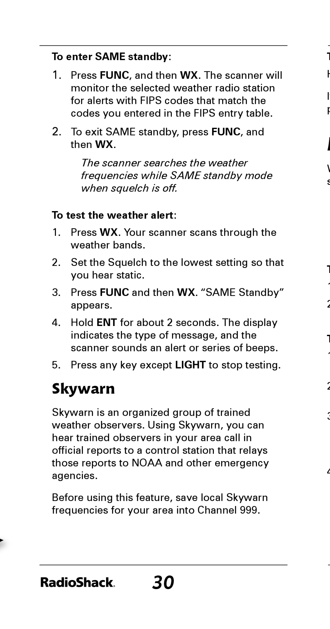 Radio Shack 20-164 manual Skywarn, To enter Same standby, To test the weather alert 