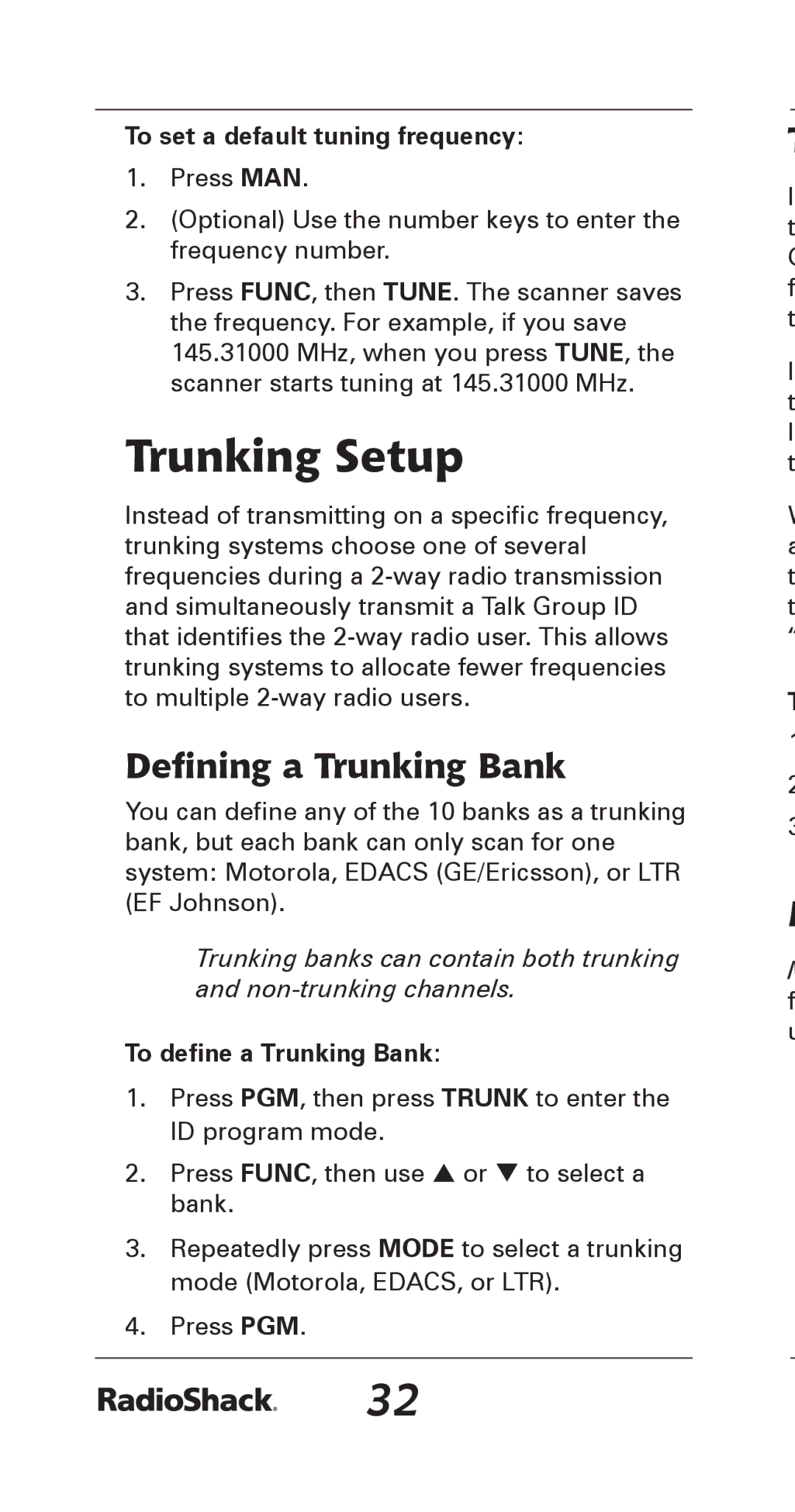 Radio Shack 20-164 Trunking Setup, Defining a Trunking Bank, To set a default tuning frequency, To define a Trunking Bank 