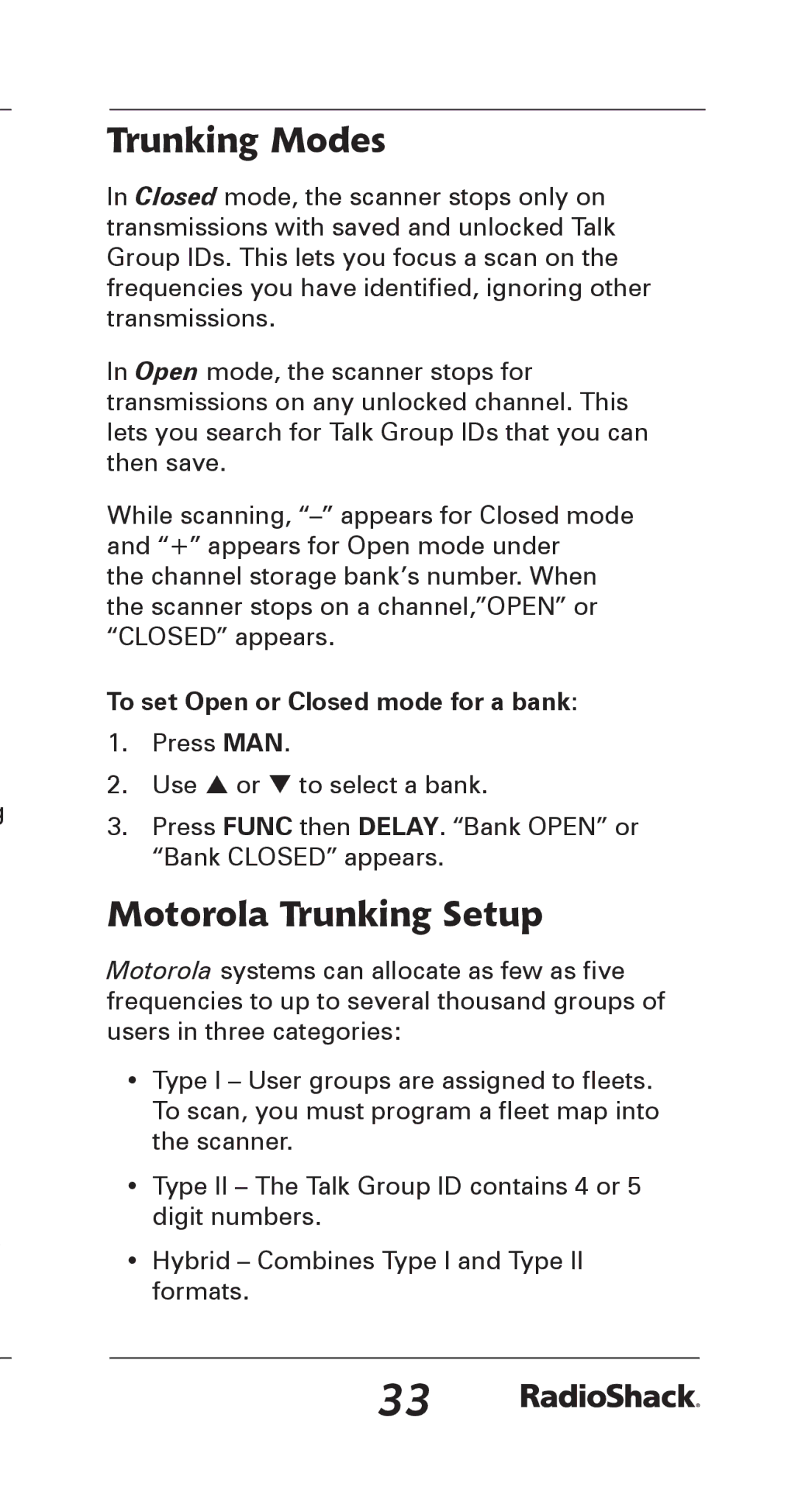 Radio Shack 20-164 manual Trunking Modes, Motorola Trunking Setup, To set Open or Closed mode for a bank 