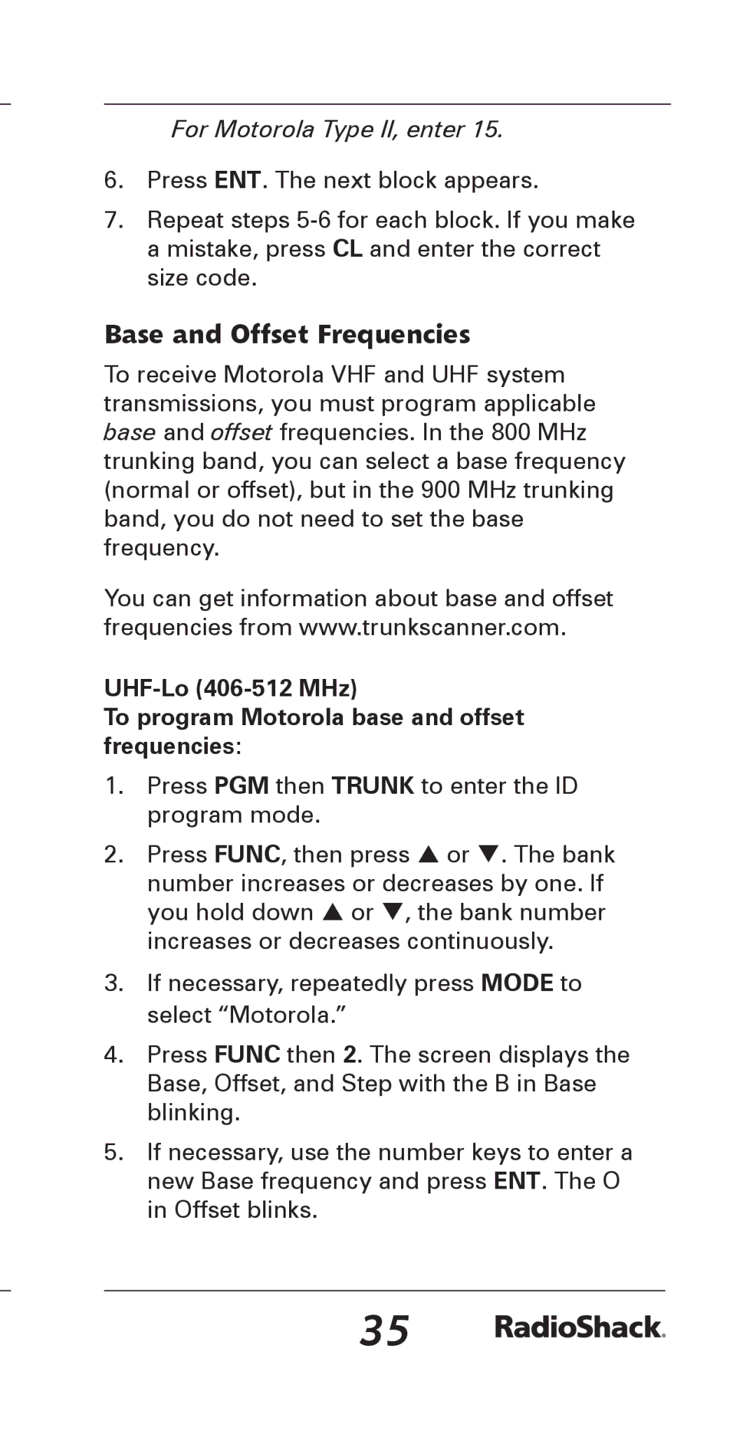 Radio Shack 20-164 manual Base and Offset Frequencies, For Motorola Type II, enter 